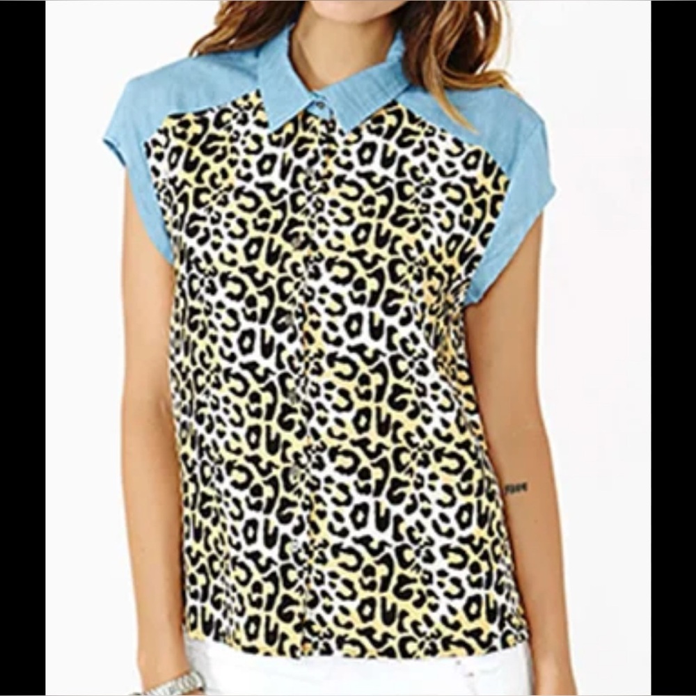 Mink Pink Button Up Shirt with Animal Print Oversize Size XS